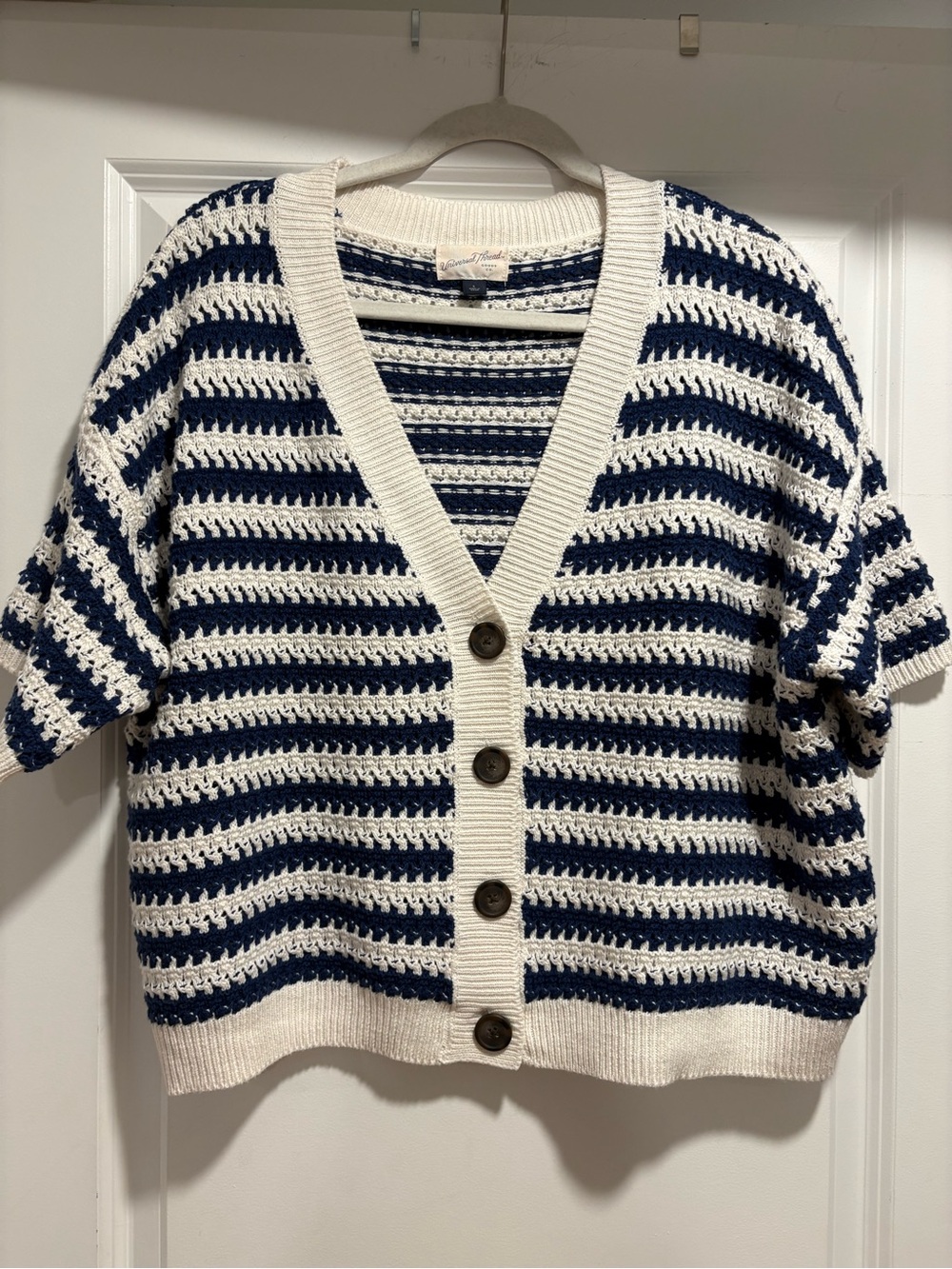 Universal Thread Navy & White Striped Open-Weave Button Cardigan - Picture 1 of 6